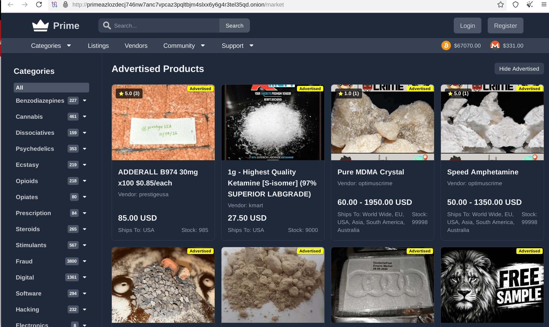Prime Market listings page showing product categories and vendor ratings