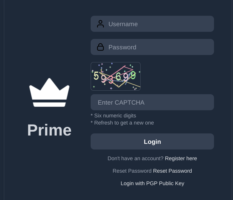 Prime Market secure login page with captcha verification